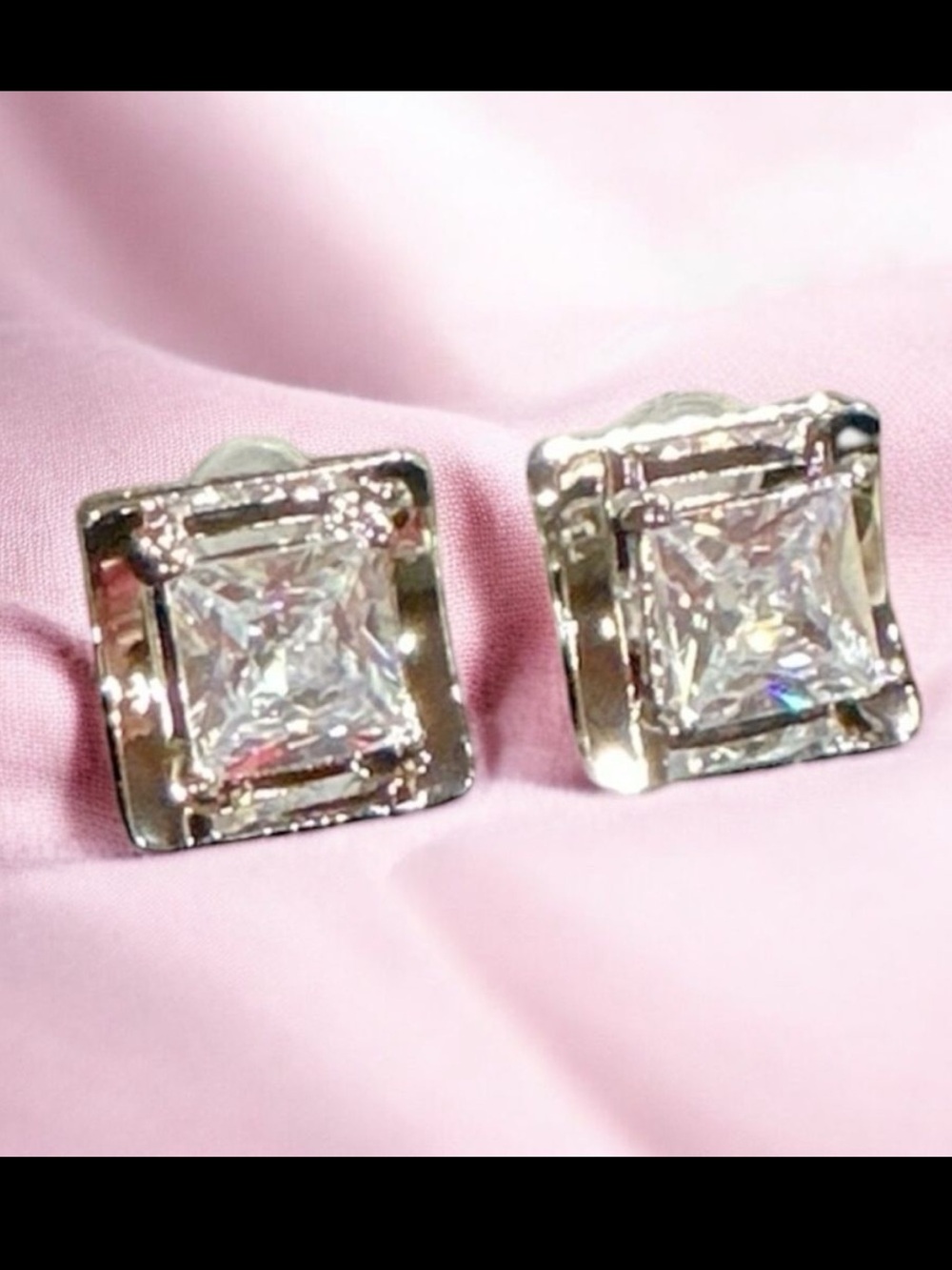 Princess Cut Stud Earrings Silver Tone Square Rhinestone Statement NWT